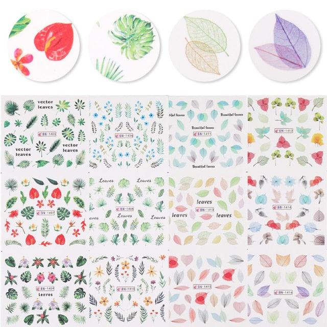 Geometrics Blue Flower Leaves Water Decals Stickers Special Floral Transfer Slider For Nails Decoration Nail Art Stickers Black White Flower Palm Leaf Nail Self-Adhesive Decals Nail Stickers Water Transfer Fresh Nail Decals for Nail Art Butterfly Palm