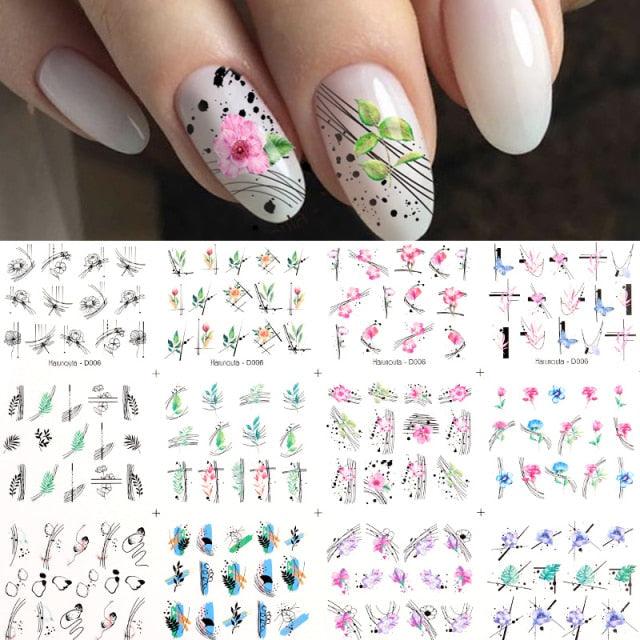 Geometrics Blue Flower Leaves Water Decals Stickers Special Floral Transfer Slider For Nails Decoration Nail Art Stickers Black White Flower Palm Leaf Nail Self-Adhesive Decals Nail Stickers Water Transfer Fresh Nail Decals for Nail Art Butterfly Palm