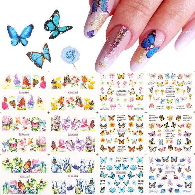Geometrics Blue Flower Leaves Water Decals Stickers Special Floral Transfer Slider For Nails Decoration Nail Art Stickers Black White Flower Palm Leaf Nail Self-Adhesive Decals Nail Stickers Water Transfer Fresh Nail Decals for Nail Art Butterfly Palm