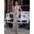 Gold Floral Velvet Halter Banquet Evening Dress