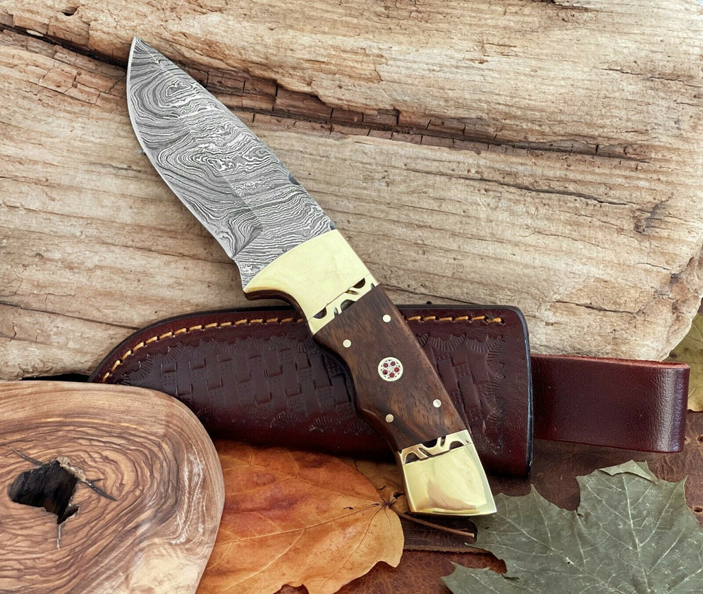 Handmade Damascus Steel Knife 9" Custom Fixed Blade Knife With Rose Wood Handle
