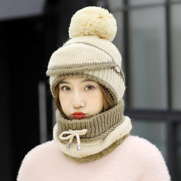 Hats Women Winter Knitted Velvet Thick Bib Mask Ear Protector Skellies Beanie Hat Riding Caps Female Warm Wool Cap Outdoor Sport Warm Beanies Hat For Men Knitted Hats Bandana Hiking Camping Kid Beanie Cap Mask Scarf Hat Set Neck Warmer Cap Stevvex