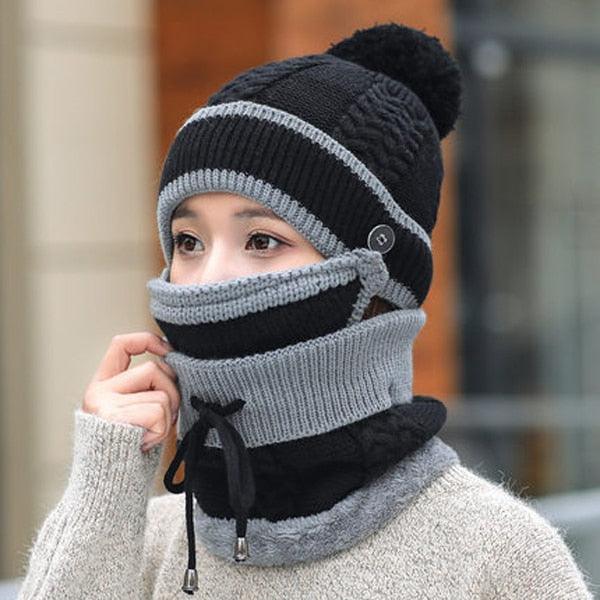 Hats Women Winter Knitted Velvet Thick Bib Mask Ear Protector Skellies Beanie Hat Riding Caps Female Warm Wool Cap Outdoor Sport Warm Beanies Hat For Men Knitted Hats Bandana Hiking Camping Kid Beanie Cap Mask Scarf Hat Set Neck Warmer Cap Stevvex