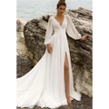 High Waist Long Sleeve Backless Wedding Dress High Slit