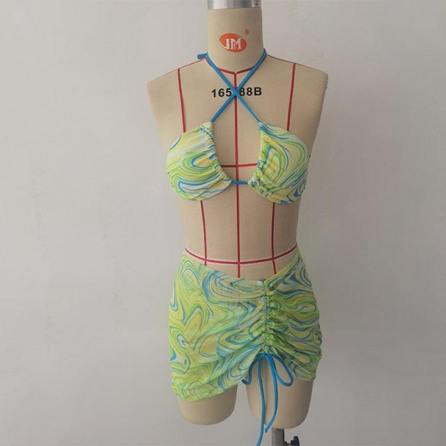 High Waist Mesh Skirt Swimsuit Triangle Micro Bikini Set 3-Piece High Cut Swimwear Women's Bikini Swimsuits With Wrap Skirt, 3 Pieces Strings High Cut Bikini Set Bathing Suits Women Vintage Print Bathing Suit Stevvex