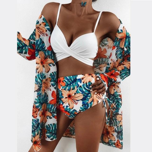 High-Waist Swimwear Set Summer Floral Print Bikini Swimsuit Beachwear Women  Push-Up Bathing Suit Tie Dye 3 Pieces Strings High Cut Bikini Set Bathing Suits Stevvex