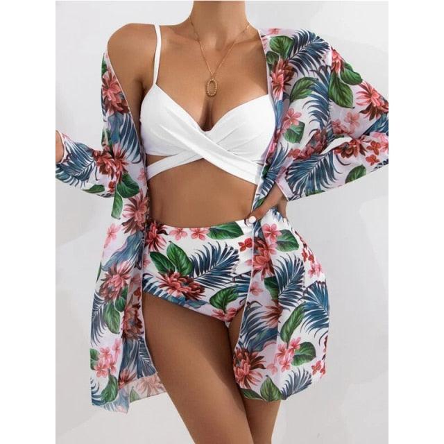 High-Waist Swimwear Set Summer Floral Print Bikini Swimsuit Beachwear Women  Push-Up Bathing Suit Tie Dye 3 Pieces Strings High Cut Bikini Set Bathing Suits Stevvex
