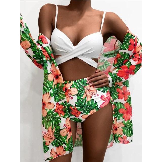 High-Waist Swimwear Set Summer Floral Print Bikini Swimsuit Beachwear Women  Push-Up Bathing Suit Tie Dye 3 Pieces Strings High Cut Bikini Set Bathing Suits Stevvex