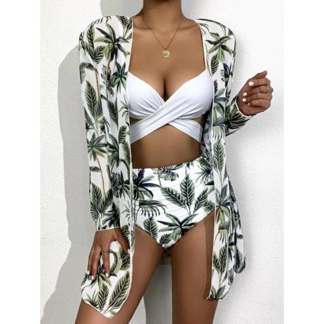 High-Waist Swimwear Set Summer Floral Print Bikini Swimsuit Beachwear Women  Push-Up Bathing Suit Tie Dye 3 Pieces Strings High Cut Bikini Set Bathing Suits Stevvex