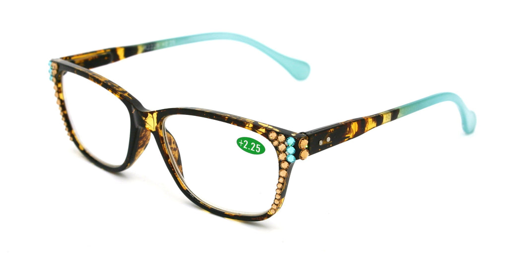 Milan, (Bling) Reading Glasses 4 Women W (L. Colorado, Aquamarine Blue)Genuine European Crystals. Square +1.25.+3  NY Fifth Avenue