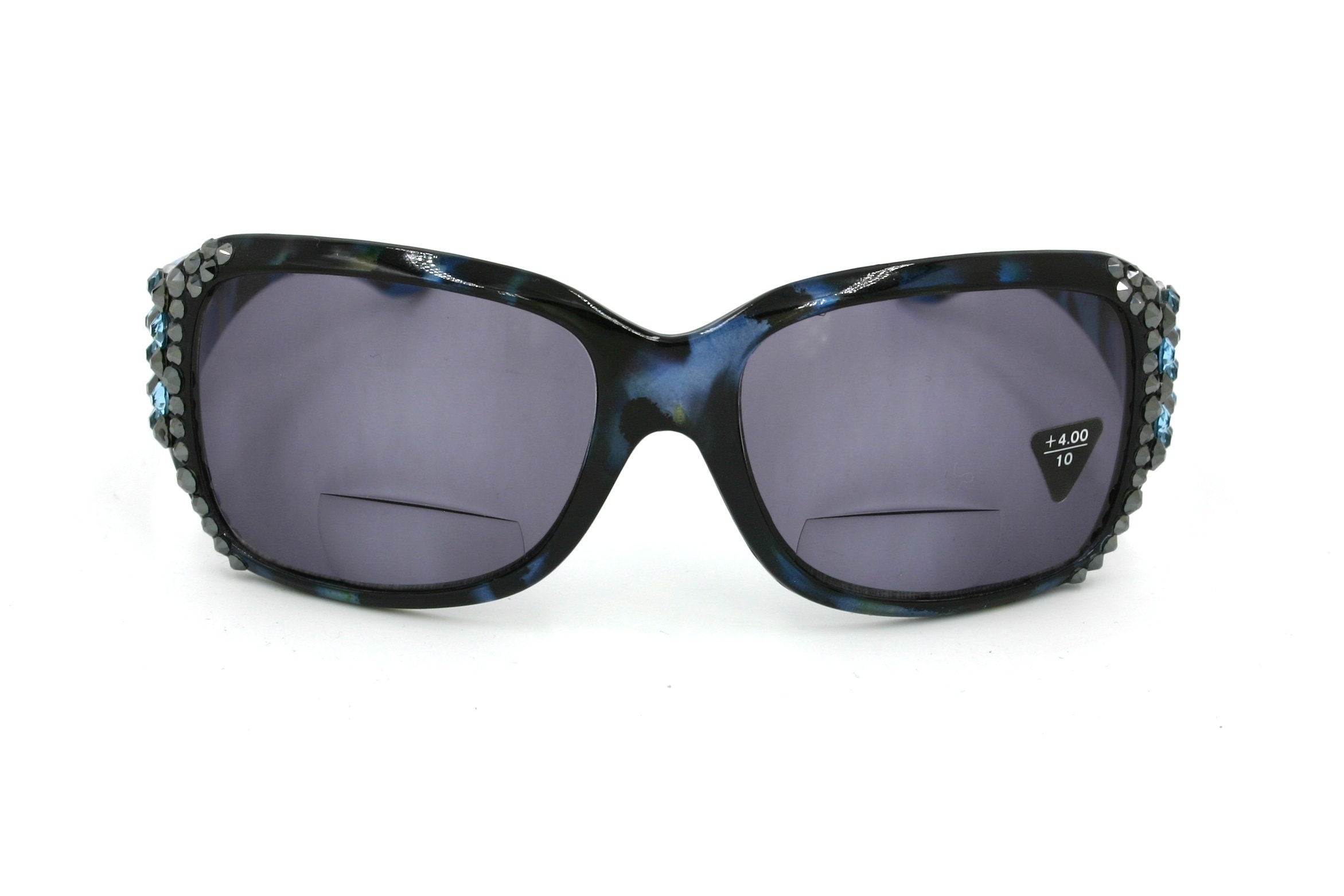 Lourdes, (Bling, Bifocal) Women Sun Reader W (Hematite, Aquamarine) Genuine European Crystals (Blue) Leopard Animal Print, NY Fifth Avenue