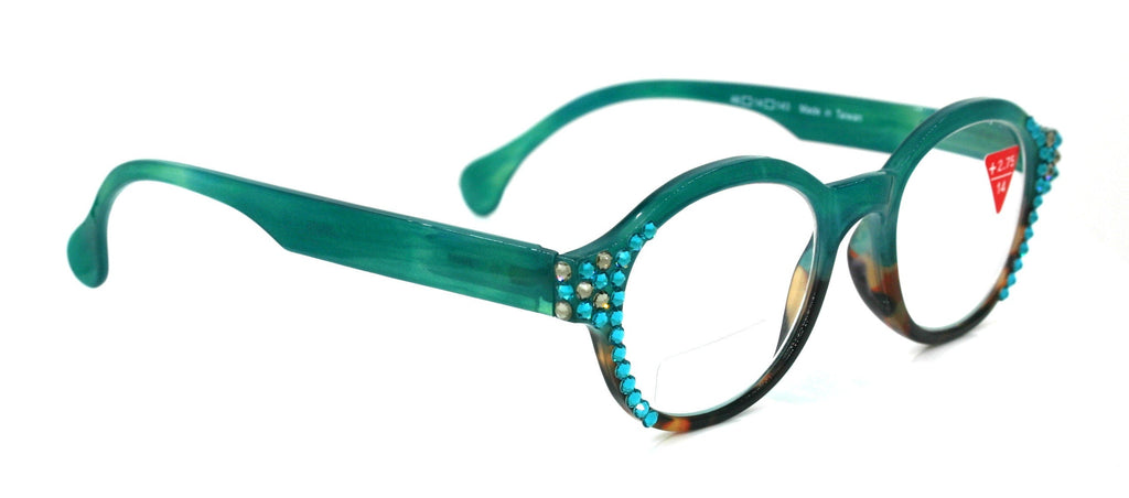 Citlalli, (Bling) Round Women Reading Glasses W (Blue Zircon, L. Colorado) Genuine European Crystals  (Green) Circle. NY Fifth Avenue