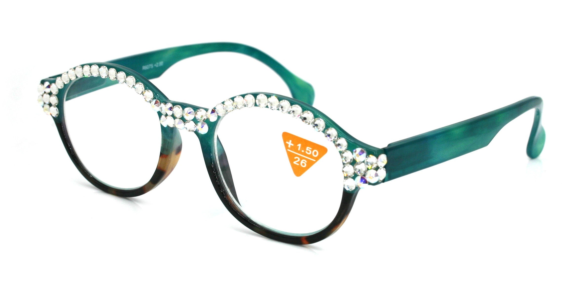 Citlalli, (Bling) Round Women Reading Glasses W (Full TOP) (Clear, AB Aurora Borealis) Genuine European Crystals  NY Fifth Avenue