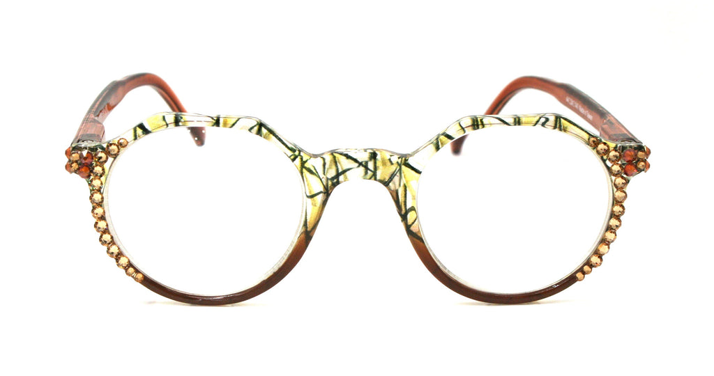 The Hexagon, (Bling) Women Reading Glasses W (Cooper + L. Colorado)Genuine European Crystals  (Clear Yellow, Orange) NY Fifth Avenue
