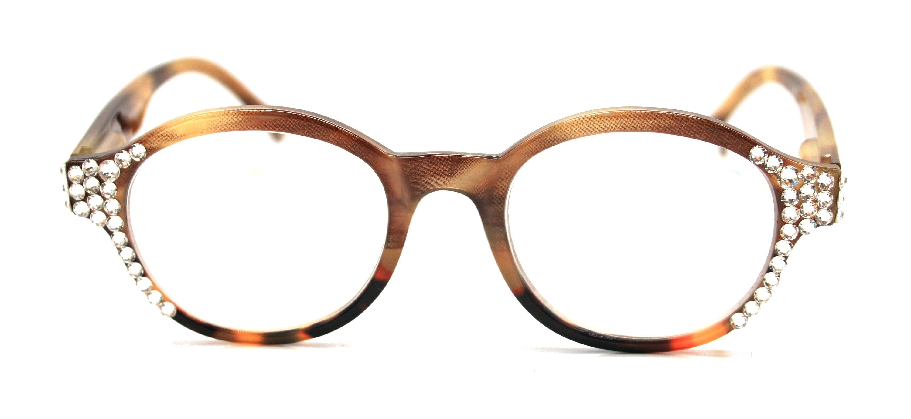 Citlalli, (Bling) Round Women Reading Glasses W (Clear) Genuine European Crystals +1.50..+3 (Marble Brown) Circle. NY Fifth Avenue