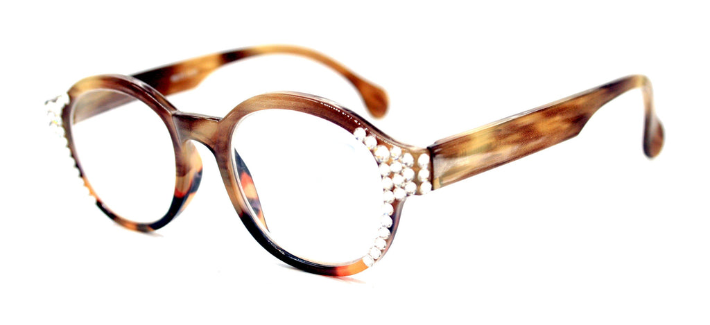 Citlalli, (Bling) Round Women Reading Glasses W (Clear) Genuine European Crystals +1.50..+3 (Marble Brown) Circle. NY Fifth Avenue