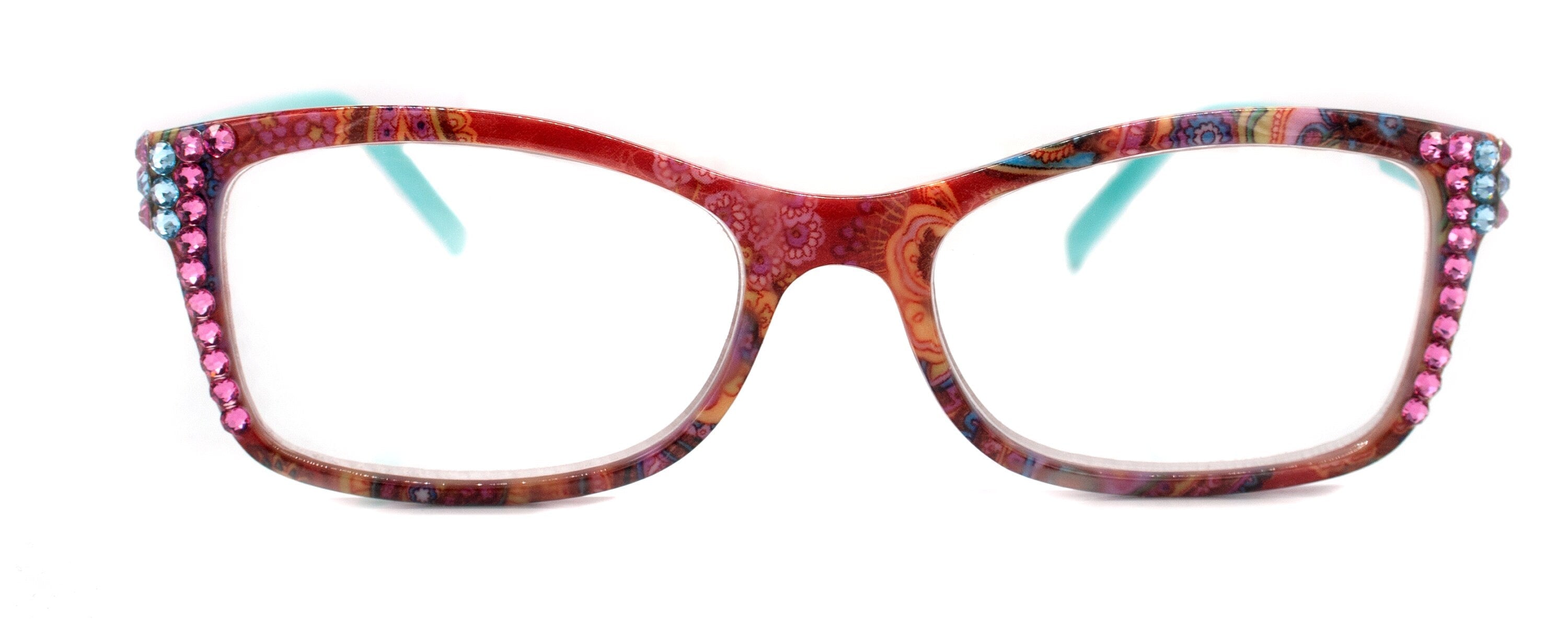 Frida, (Bling) Reading Glasses Women Adorned W (Rose, Aquamarine) Genuine European Crystals.+1.25 to +4  Paisley print. NY Fifth Avenue.