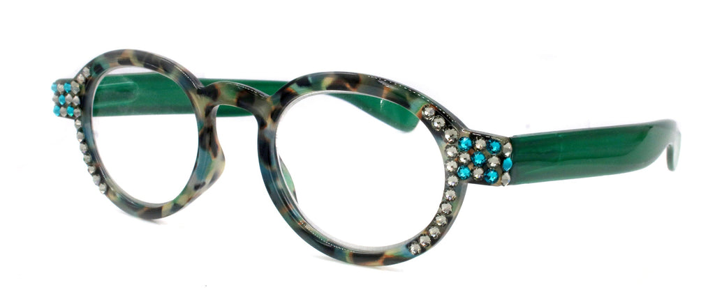 Celeste, (Bling) Reading Glasses Women W (Black Diamond, Blue Zircon) Genuine European Crystals (Green Tortoise Shell) NY Fifth Avenue