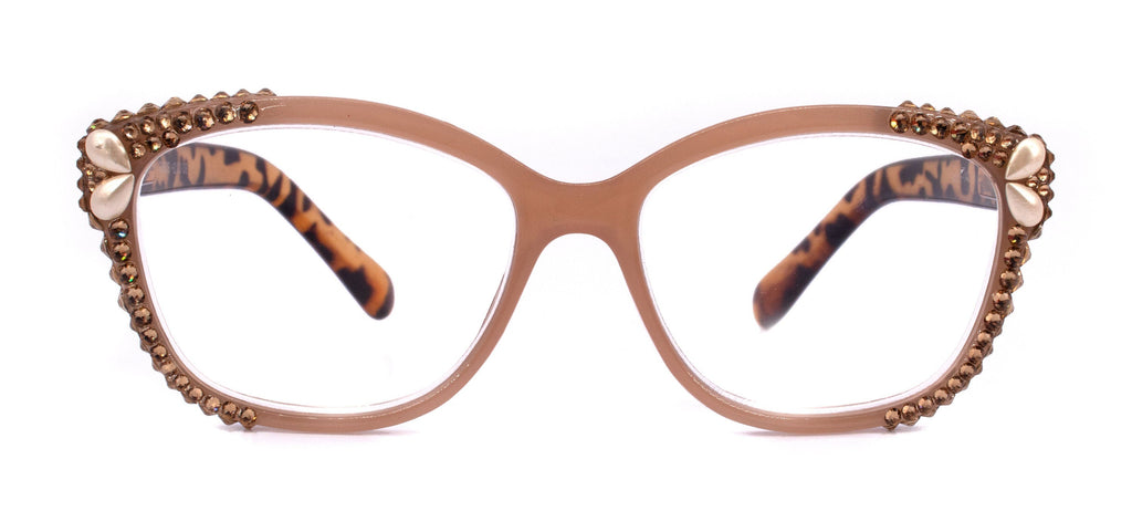 Savannah, (Bling) Women Reading Glasses W (2X line) (L. Colorado, Cooper, Pearl Teardrop) Genuine European Crystals. (Brown) NY Fifth Avenue