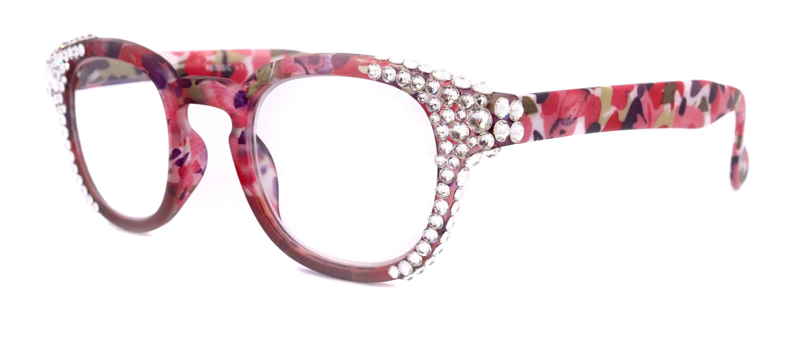 Autumn, (Bling) Reading Glasses For Women Adorned w (Clear) Genuine European Crystals,  Round Frame (Pink, Purple Floral) NY Fifth Avenue