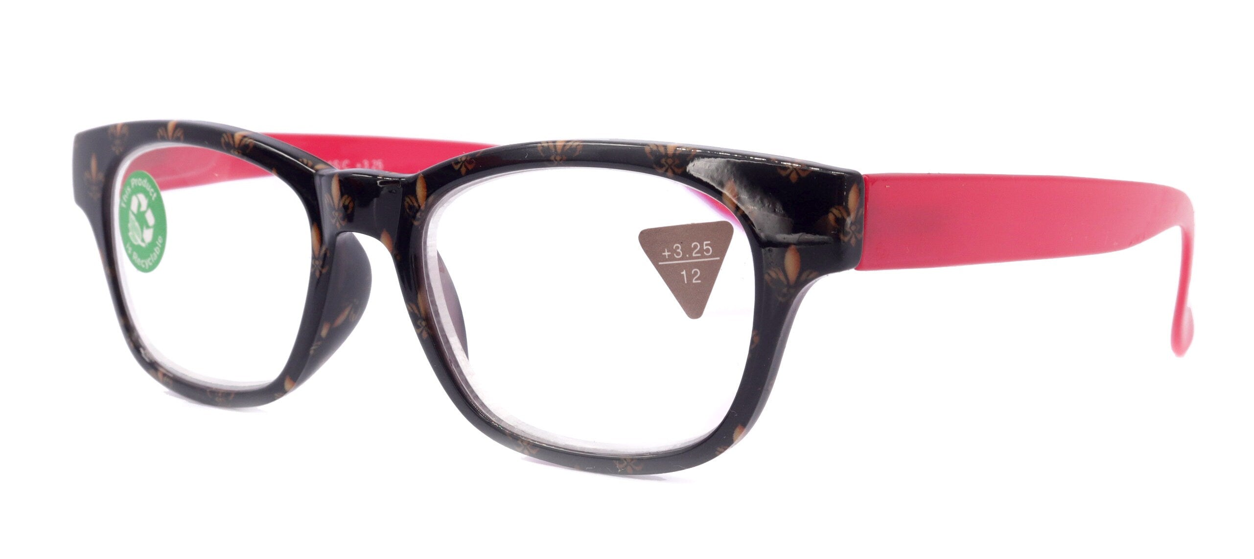 Lilly, (Premium) Reading Glasses (Fleur De Lis) +1 .. +3 Magnifying, Fashion Square Optical Frame. (Red, Gold, Black) NY Fifth Avenue.