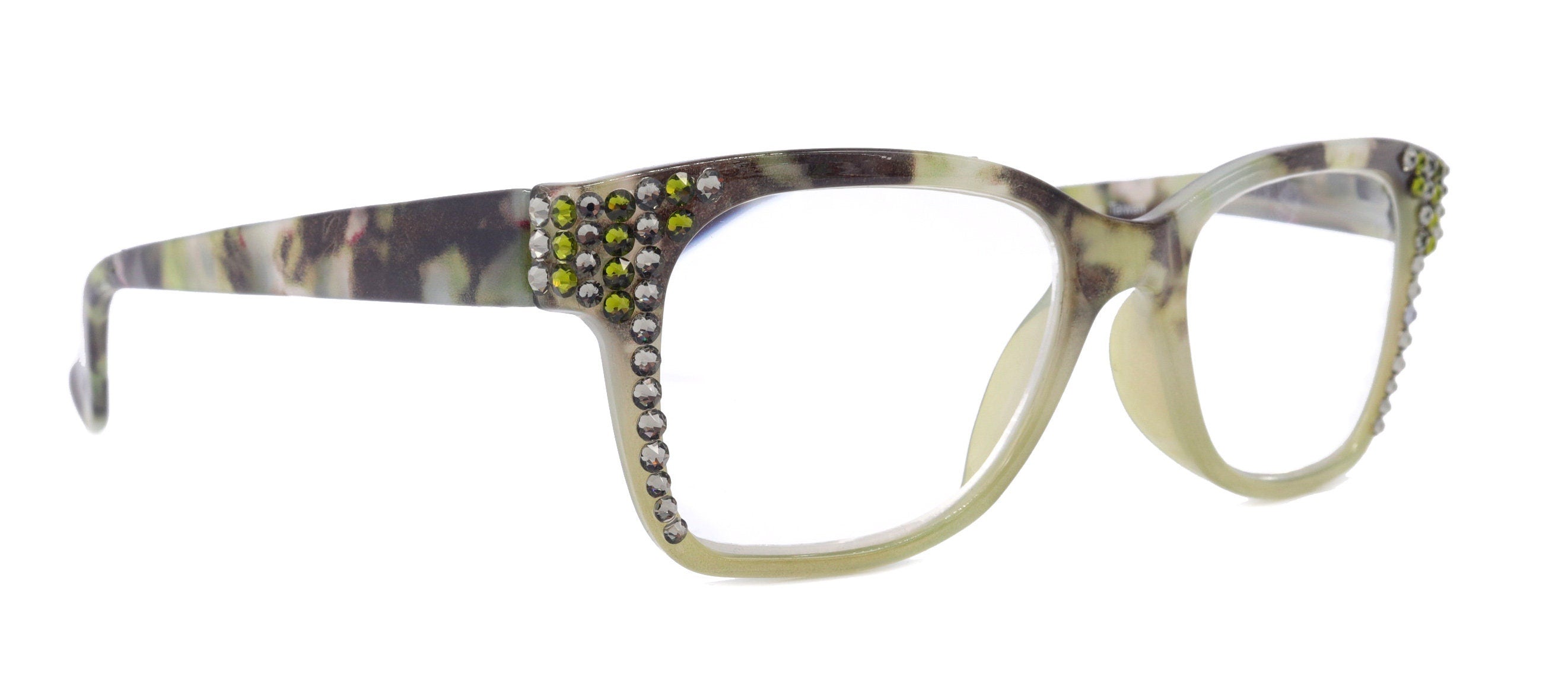 Aya, (Bling) Women Reading Glasses Adorned W (Olivine, Black Diamond) Genuine Austrian Crystals. Fancy Readers, Green Square NY Fifth Avenue