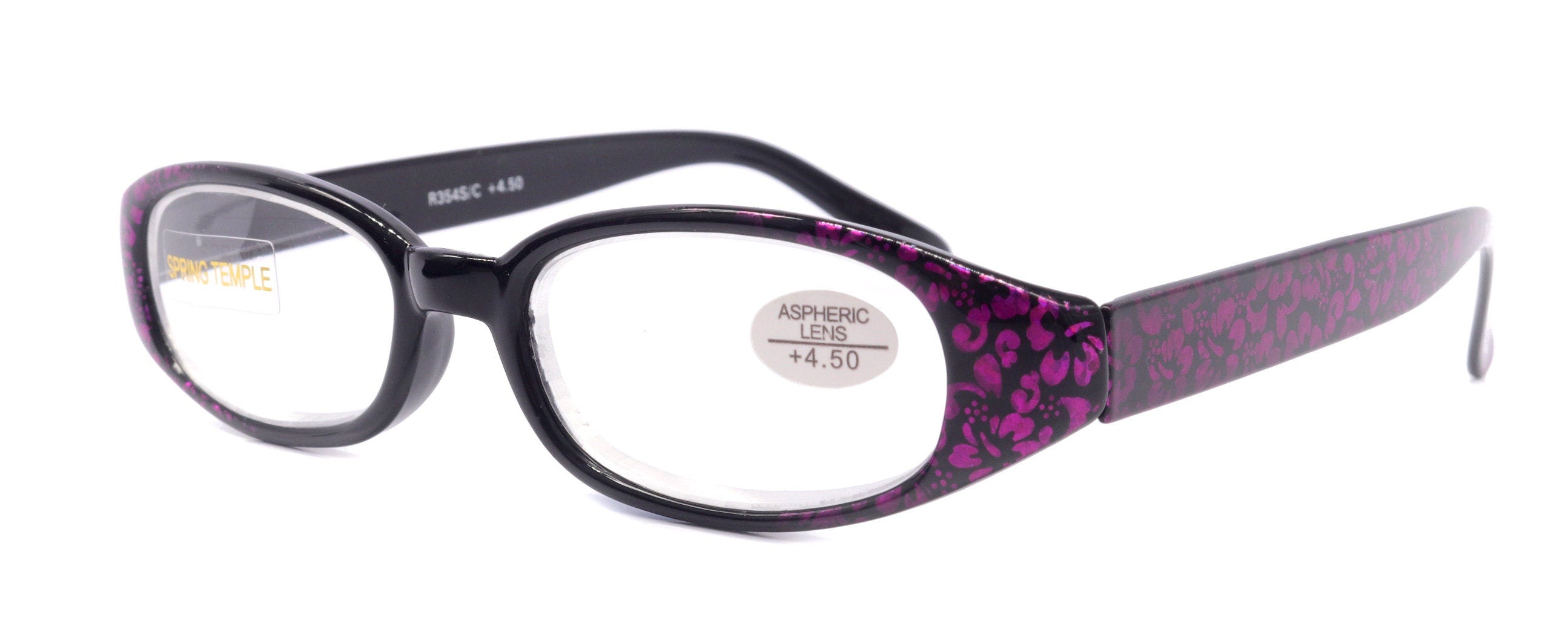 Isabella, (Premium) Reading Glasses, Fashion Reader (Floral Purple n Black) Oval +4 +4.5 +5 +6 High Power, NY Fifth Avenue (Wide Frame)