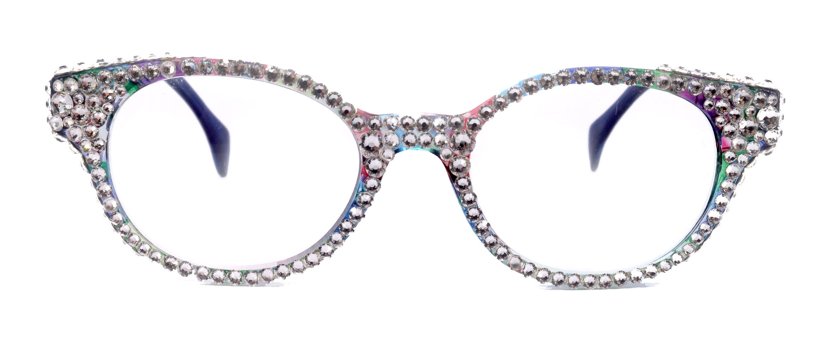 Autumn, (Bling) Reading Glasses For Women W (Full Crystals) Genuine European Crystals  Round Frame (Blue, Purple Floral) NY Fifth Avenue