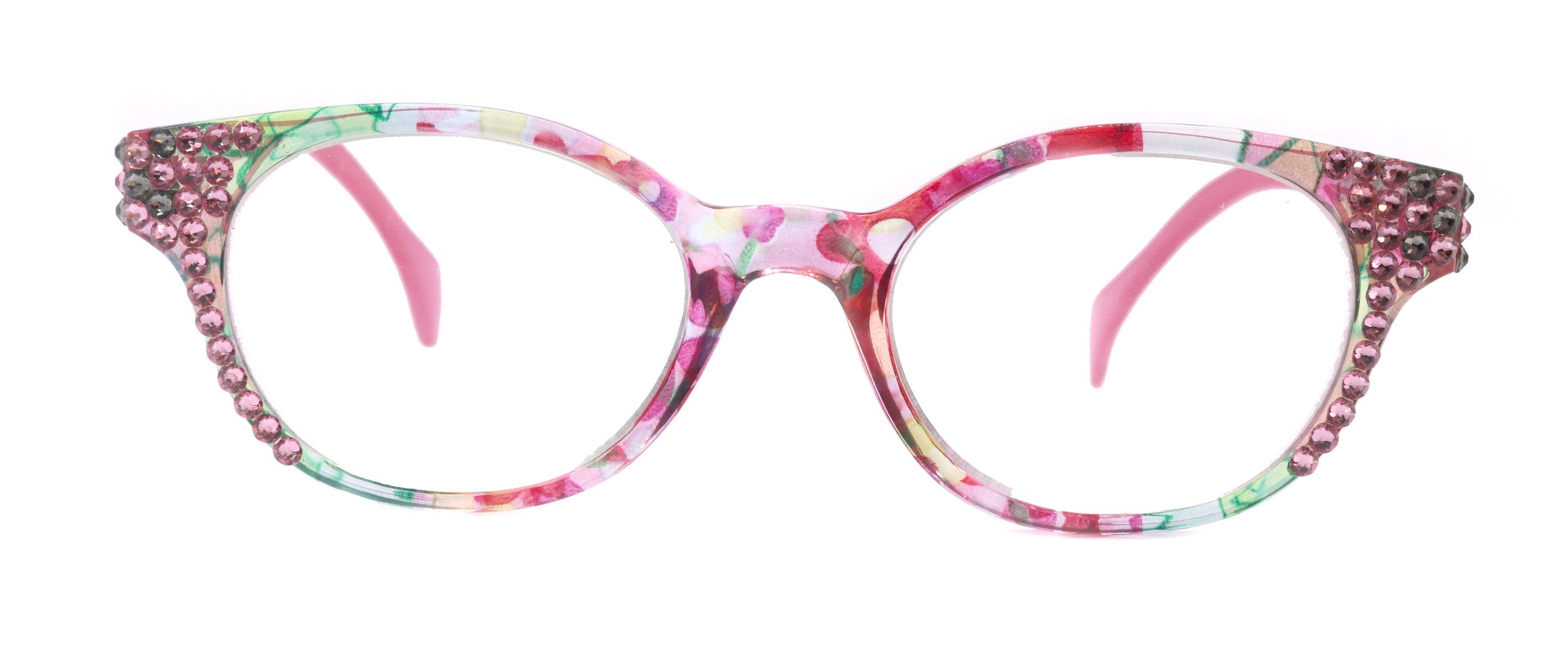 Versailles, (Bling) Reading Glasses 4 women W (Rose, Black Diamond) Genuine European Crystals  (Pink, Green, Clear) Round. NY Fifth Avenue
