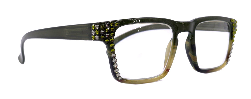 Piper, (Bling) Reading Glasses for Women W (Black Diamond, Olivine) Genuine European Crystals.  (Black Green Faded Stripes) NY Fifth Avenue