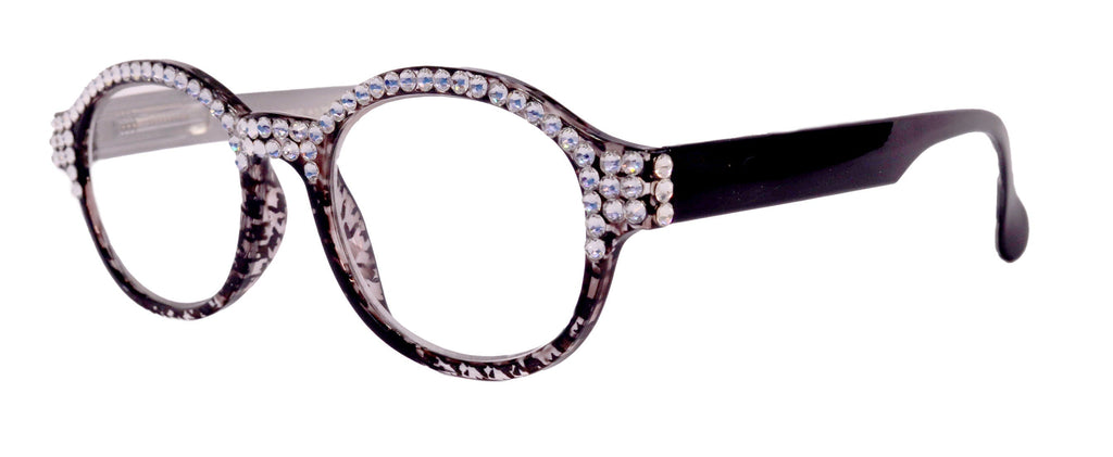 The Alchemist, (Bling) Round Women Reading Glasses W (Full TOP) (Clear) Genuine European Crystals  (Hound tooth, Black) NY Fifth Avenue