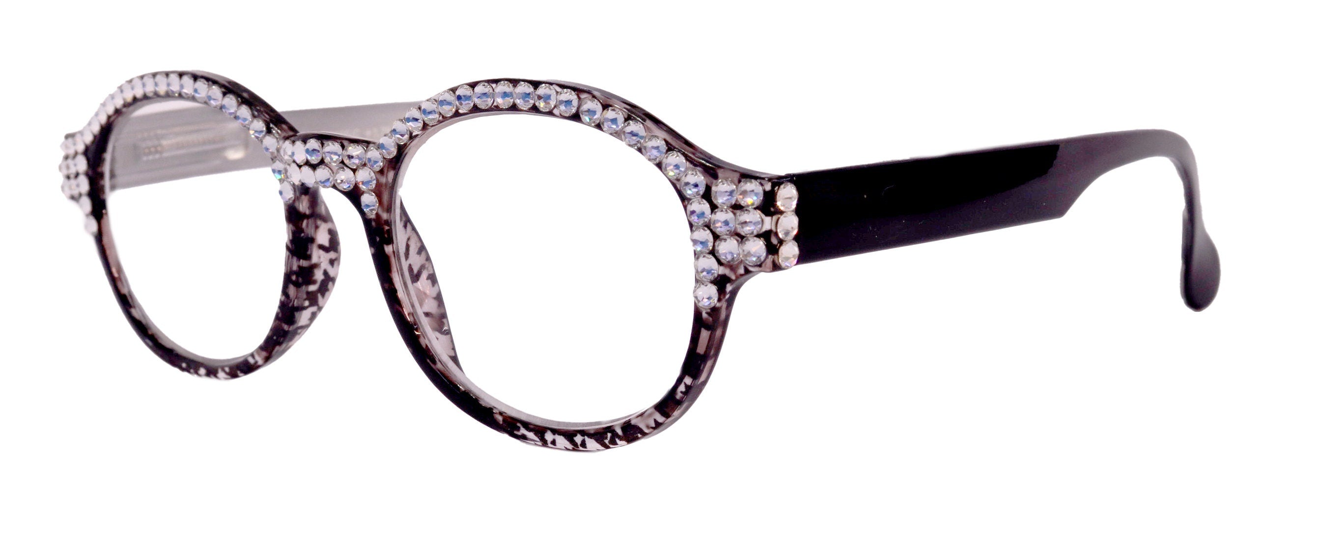 The Alchemist, (Bling) Round Women Reading Glasses W (Full TOP) (Clear) Genuine European Crystals  (Hound tooth, Black) NY Fifth Avenue