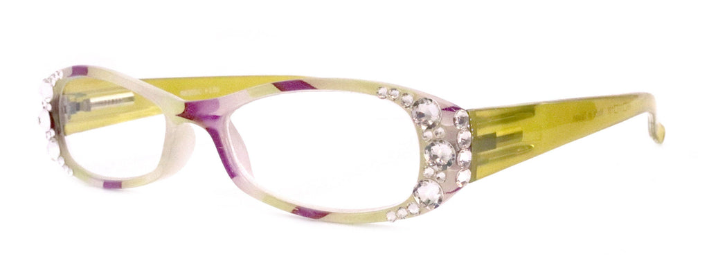 Dashing Stripes, (Bling) Women Reading Glasses W   (Lime Green, purple) Oval. NY Fifth Avenue