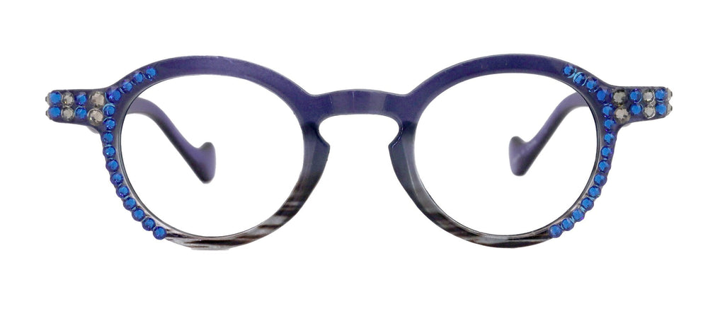 Orlando Bling Reading Glasses, W Capri Blue N Black Diamond  European crystals, Magnifying Eyeglasses, (Blue) (Round) NY Fifth Avenue