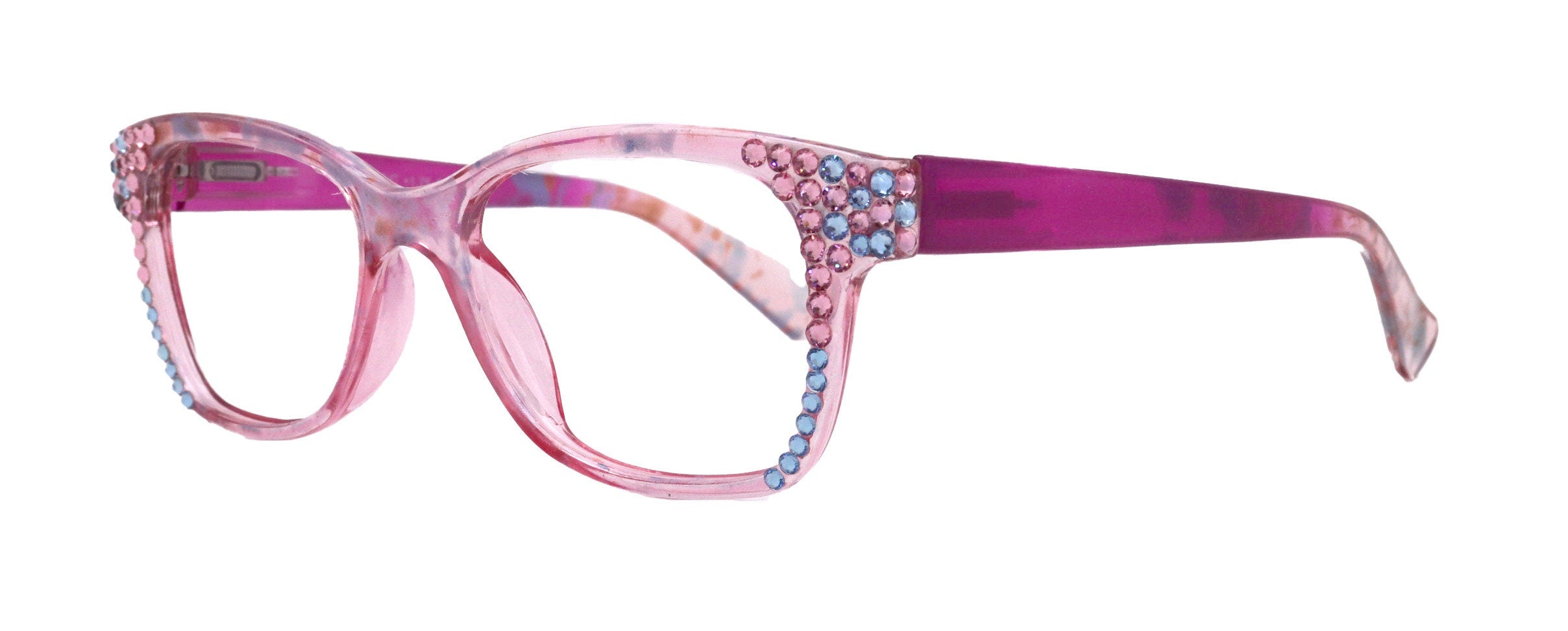 Azul, (Bling) Reading Glasses 4 Women W (Aquamarine N Rose)Genuine European Crystals. +1.5..+3  NY Fifth Avenue (Wide frame)