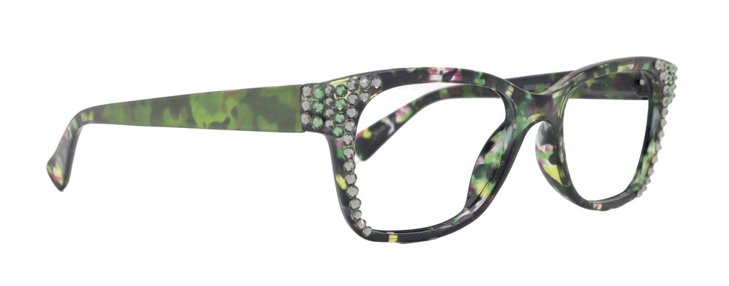 Azul, (Bling) Reading Glasses 4 Women W (Black Diamond N Green)Genuine European Crystals. +1.5..+5  NY Fifth Avenue (Wide frame)