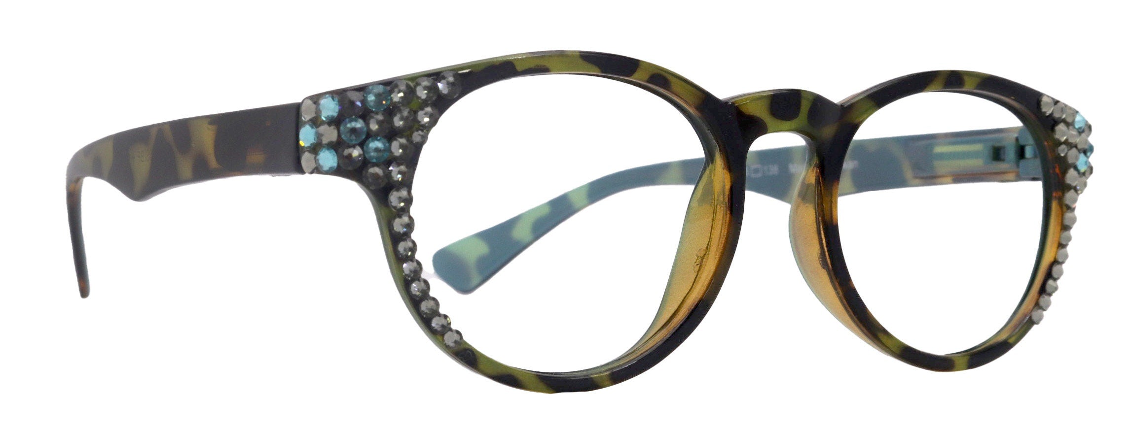 Brook, (Line Bifocal) Bling  Reading Glasses, W Black Diamond N Blue Genuine European Crystals  +1.25 to +3  (Tortoise Blue) NY Fifth Avenue