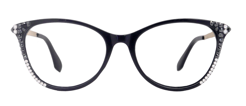 Cattitude Bling Reading Glasses 4 Women W Hematite N Clear Genuine European Crystals, 1.00 to 4.00 Magnifying Cat Eye  NY Fifth Avenue