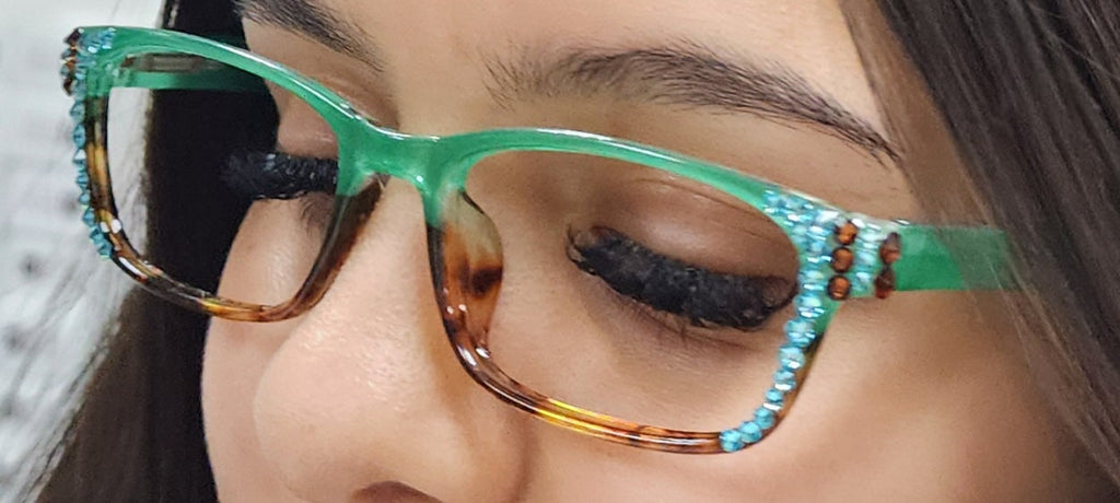 Desiree, (Bling) Women Reading Glasses W (Aquamarine, Cooper) Genuine European Crystals. +1.5 ..+6 Square. High Strength. NY Fifth Avenue