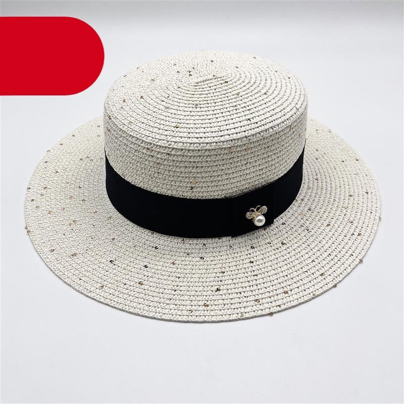 Ladies Sun Boater Classic Flat Hats Straw Hat Wide Brim Boater Hat Summer Straw Hat Beautiful Accessories For Women Retro Female Flat Cap Foldable Packable Beach Hat for Summer 55-58cm Stevvex
