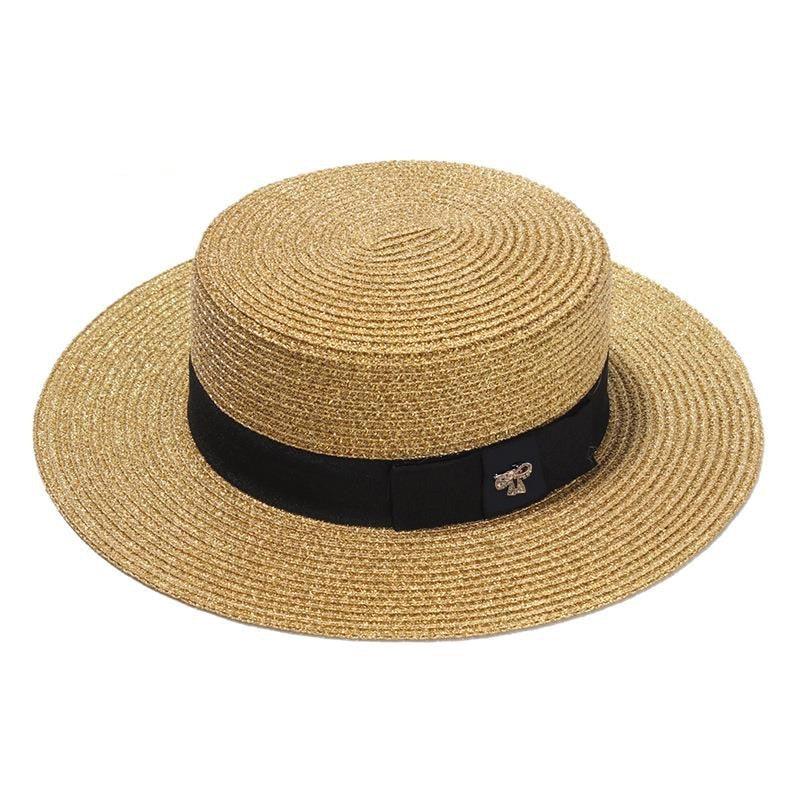 Ladies Sun Boater Classic Flat Hats Straw Hat Wide Brim Boater Hat Summer Straw Hat Beautiful Accessories For Women Retro Female Flat Cap Foldable Packable Beach Hat for Summer 55-58cm Stevvex