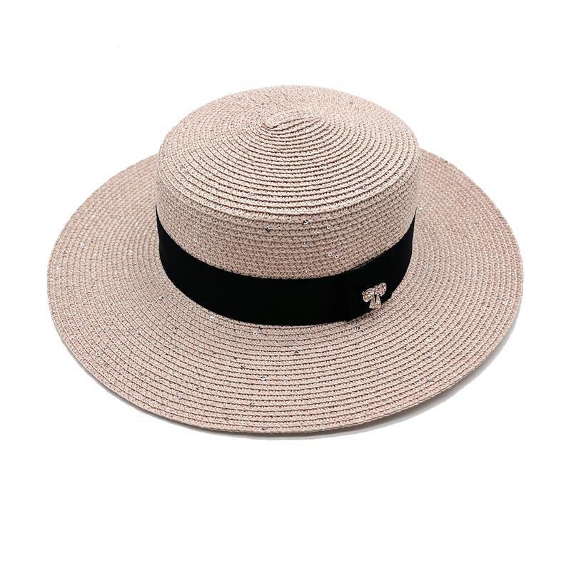 Ladies Sun Boater Classic Flat Hats Straw Hat Wide Brim Boater Hat Summer Straw Hat Beautiful Accessories For Women Retro Female Flat Cap Foldable Packable Beach Hat for Summer 55-58cm Stevvex