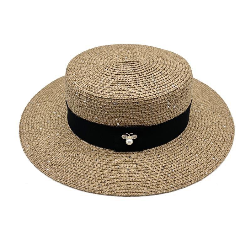 Ladies Sun Boater Classic Flat Hats Straw Hat Wide Brim Boater Hat Summer Straw Hat Beautiful Accessories For Women Retro Female Flat Cap Foldable Packable Beach Hat for Summer 55-58cm Stevvex