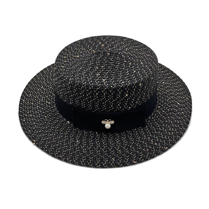 Ladies Sun Boater Classic Flat Hats Straw Hat Wide Brim Boater Hat Summer Straw Hat Beautiful Accessories For Women Retro Female Flat Cap Foldable Packable Beach Hat for Summer 55-58cm Stevvex