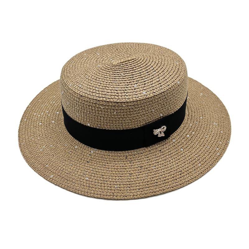Ladies Sun Boater Classic Flat Hats Straw Hat Wide Brim Boater Hat Summer Straw Hat Beautiful Accessories For Women Retro Female Flat Cap Foldable Packable Beach Hat for Summer 55-58cm Stevvex