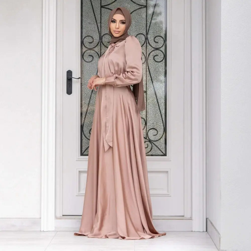 Large Hem Satin Dress Long Sleeve Abaya