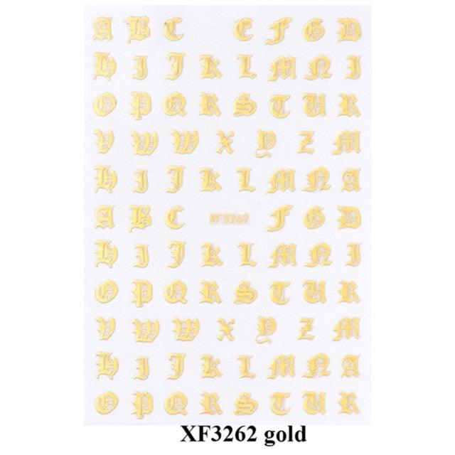 Letter 3D Decals Nail Art Stickers English Old Font Black Number Tattoo Nails Design Water Sliders Manicure Decoration 3D Nail Supplies Holographic Old English Character Nail Self-Adhesive Sticker English Font Design Manicure Decorations Accessories