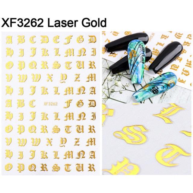 Letter 3D Decals Nail Art Stickers English Old Font Black Number Tattoo Nails Design Water Sliders Manicure Decoration 3D Nail Supplies Holographic Old English Character Nail Self-Adhesive Sticker English Font Design Manicure Decorations Accessories