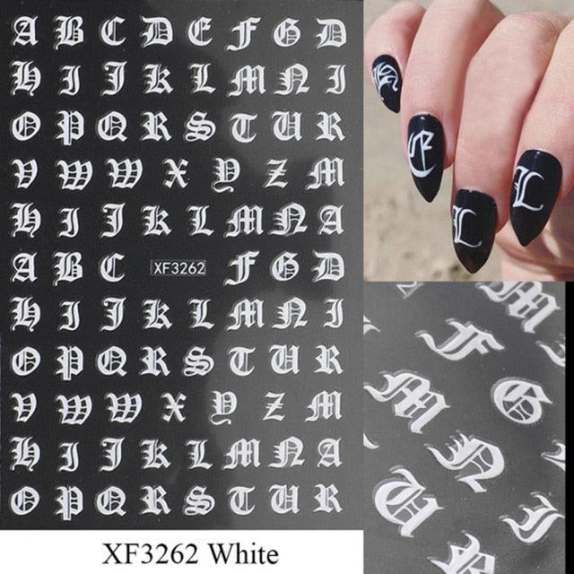 Letter 3D Decals Nail Art Stickers English Old Font Black Number Tattoo Nails Design Water Sliders Manicure Decoration 3D Nail Supplies Holographic Old English Character Nail Self-Adhesive Sticker English Font Design Manicure Decorations Accessories