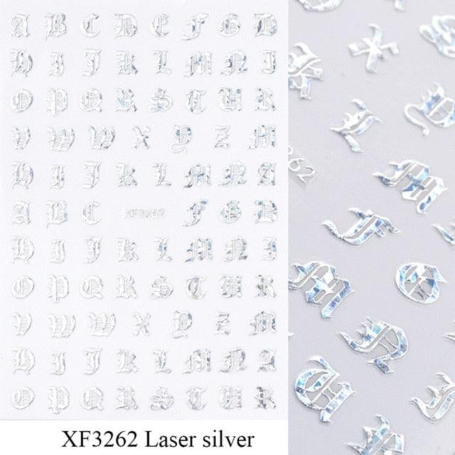 Letter 3D Decals Nail Art Stickers English Old Font Black Number Tattoo Nails Design Water Sliders Manicure Decoration 3D Nail Supplies Holographic Old English Character Nail Self-Adhesive Sticker English Font Design Manicure Decorations Accessories